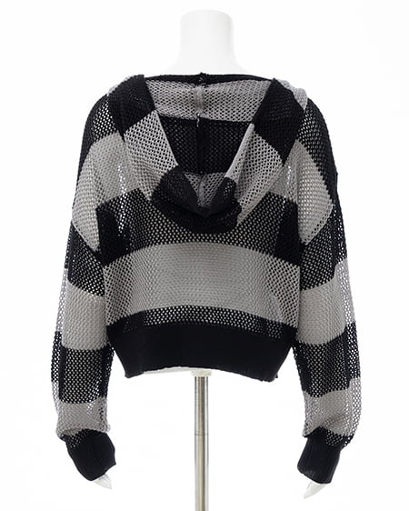 INGNI（イング） ボーダーメッシュニットパーカー ｸﾛ/ｸﾞﾚｰ