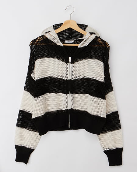 ボーダーメッシュニットパーカー