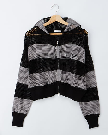 ボーダーメッシュニットパーカー