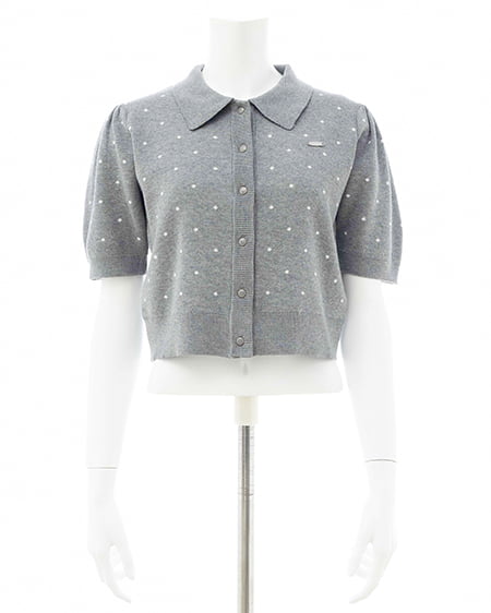 INGNI（イング） 襟付ドット柄半袖ニットカーディガン ｸﾞﾚｰ/ｵﾌﾎﾜｲﾄ