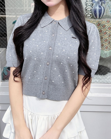 襟付ドット柄半袖ニットカーディガン