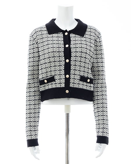 INGNI（イング） 襟付ツイードバイカラーニットカーディガン ｵﾌﾎﾜｲﾄ/ｸﾛ