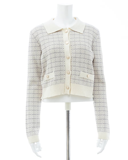 INGNI（イング） 襟付ツイードバイカラーニットカーディガン ｸﾞﾚｰｼﾞｭ/ｵﾌﾎﾜｲﾄ