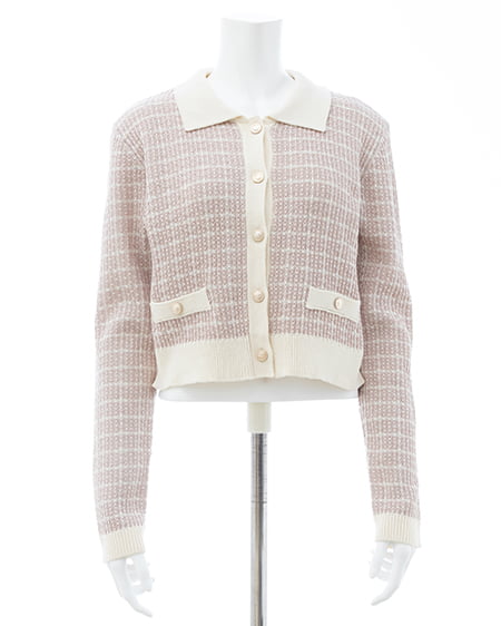 INGNI(イング) 襟付ツイードバイカラーニットカーディガン ピンク/オフホワイト