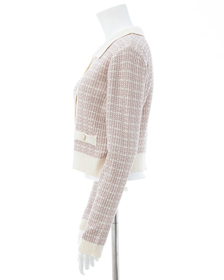 INGNI(イング) 襟付ツイードバイカラーニットカーディガン ピンク/オフホワイト