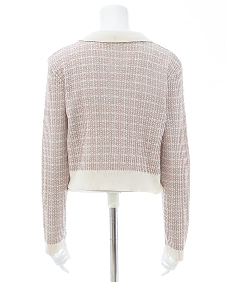 INGNI(イング) 襟付ツイードバイカラーニットカーディガン ピンク/オフホワイト