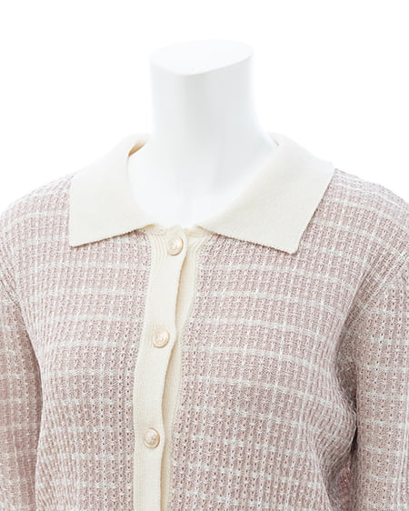 INGNI(イング) 襟付ツイードバイカラーニットカーディガン ピンク/オフホワイト