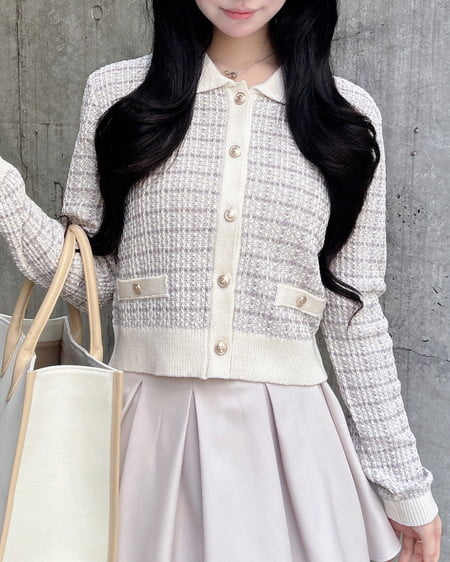 襟付ツイードバイカラーニットカーディガン