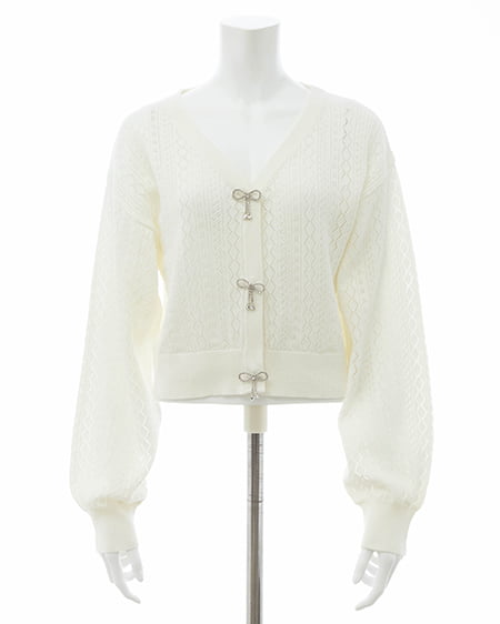 INGNI（イング） パターンメッシュリボンボタンニットカーディガン ｵﾌﾎﾜｲﾄ