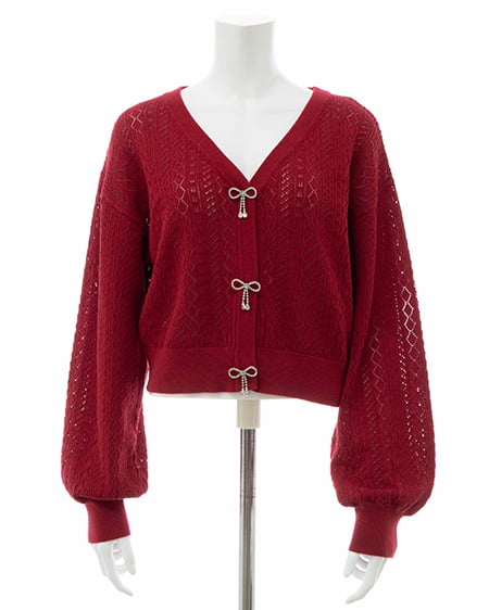 INGNI(イング) パターンメッシュリボンボタンニットカーディガン アカ