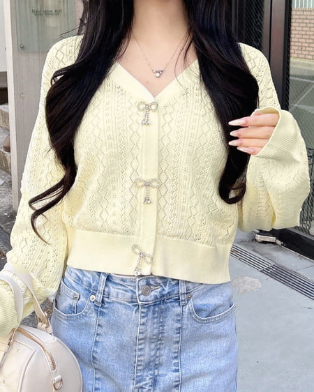 パターンメッシュリボンボタンニットカーディガン