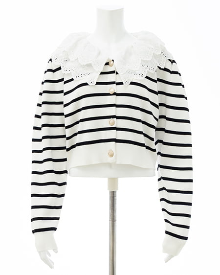 INGNI(イング) レースフリル襟ニットカーディガン オフクロ/ボーダー