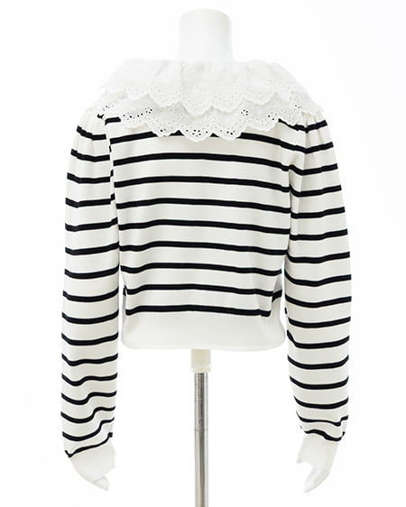 INGNI(イング) レースフリル襟ニットカーディガン オフクロ/ボーダー