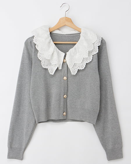 レースフリル襟ニットカーディガン