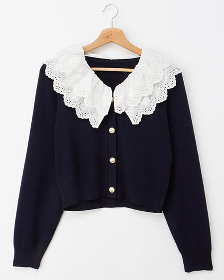 レースフリル襟ニットカーディガン