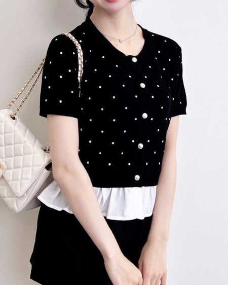 アソート柄裾フリル半袖ニットカーディガン