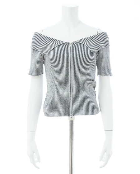 INGNI（イング） 襟付オフショルフロントジップ半袖ラメニットカーディガン ｸﾞﾚｰ