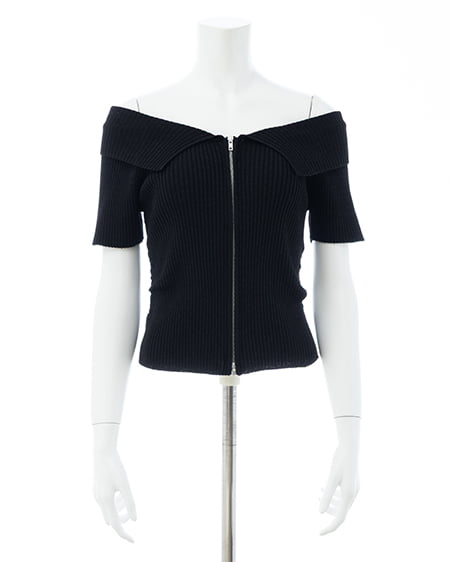 INGNI（イング） 襟付オフショルフロントジップ半袖ラメニットカーディガン ｸﾛ