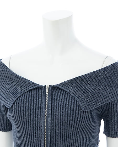 INGNI（イング） 襟付オフショルフロントジップ半袖ラメニットカーディガン ｺﾝ