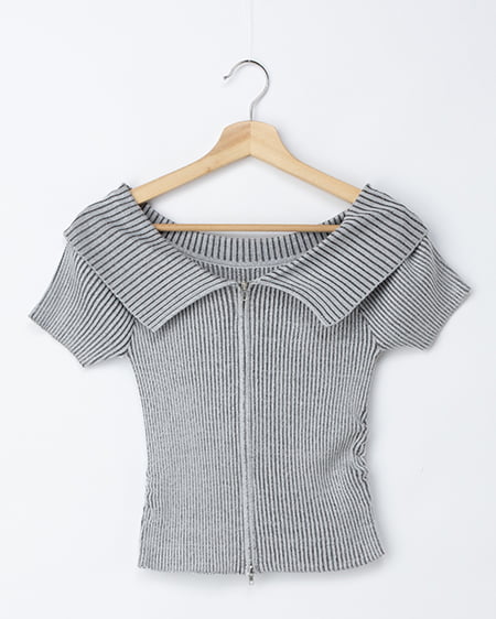 襟付オフショルフロントジップ半袖ラメニットカーディガン