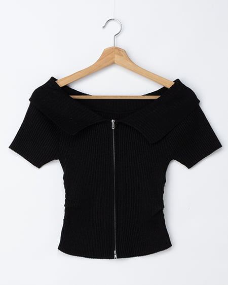 襟付オフショルフロントジップ半袖ラメニットカーディガン