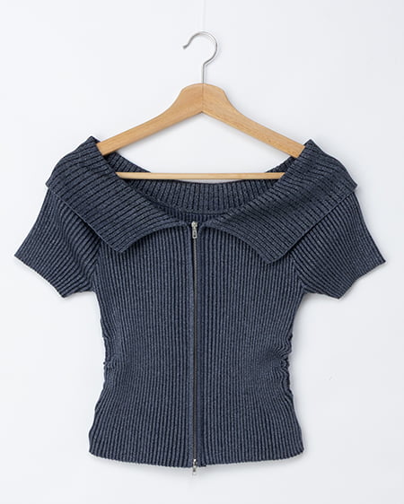 襟付オフショルフロントジップ半袖ラメニットカーディガン