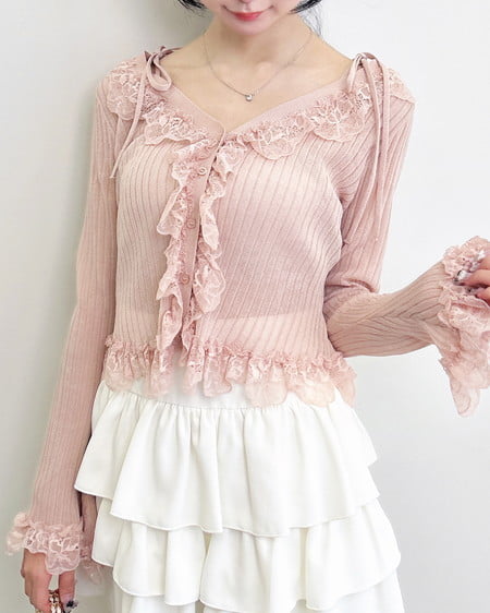 フリルレースドッキングシアーリブカーディガン