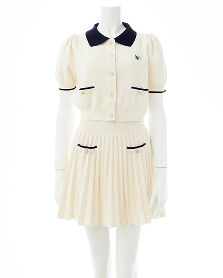 INGNI(イング) 配色胸刺繍襟付ニットカーディガン+ニットミニスカパン/セット オフホワイト/コン