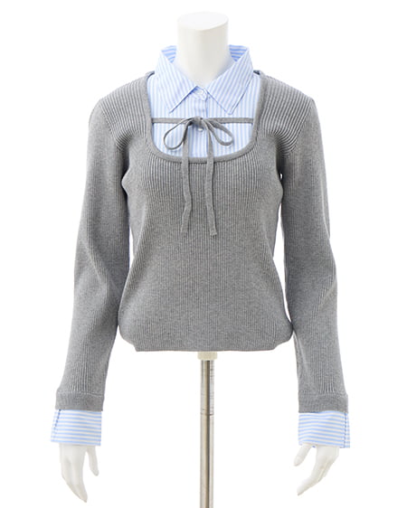 INGNI（イング） シャツドッキングフロントリボンニット ｸﾞﾚｰ/ﾌﾞﾙｰｽﾄﾗｲﾌﾟ
