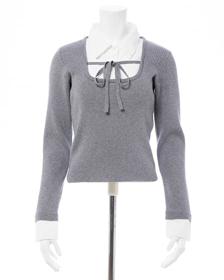 INGNI(イング) シャツドッキングフロントリボンニット グレー/オフホワイト