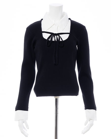 INGNI（イング） シャツドッキングフロントリボンニット ｸﾛ/ｵﾌﾎﾜｲﾄ