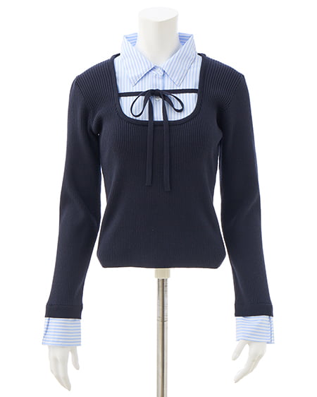 INGNI（イング） シャツドッキングフロントリボンニット ｺﾝ/ﾌﾞﾙｰｽﾄﾗｲﾌﾟ