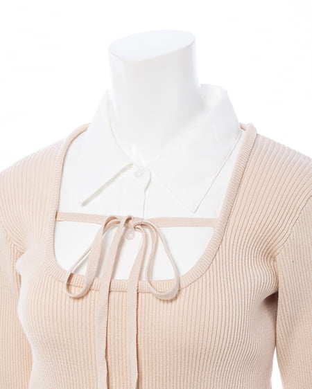 INGNI（イング） シャツドッキングフロントリボンニット ﾍﾞｰｼﾞｭ/ｵﾌﾎﾜｲﾄ