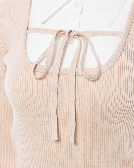 INGNI（イング） シャツドッキングフロントリボンニット ﾍﾞｰｼﾞｭ/ｵﾌﾎﾜｲﾄ