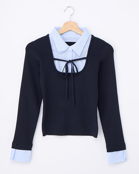 シャツドッキングフロントリボンニット