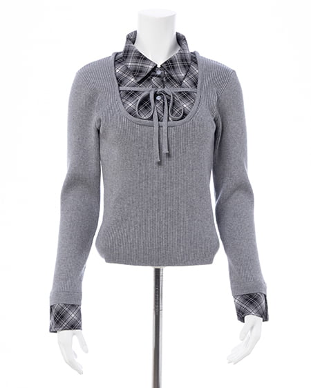 INGNI（イング） チェックシャツドッキングフロントリボンニット ｸﾞﾚｰ/ｸﾛ