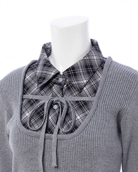 INGNI（イング） チェックシャツドッキングフロントリボンニット ｸﾞﾚｰ/ｸﾛ