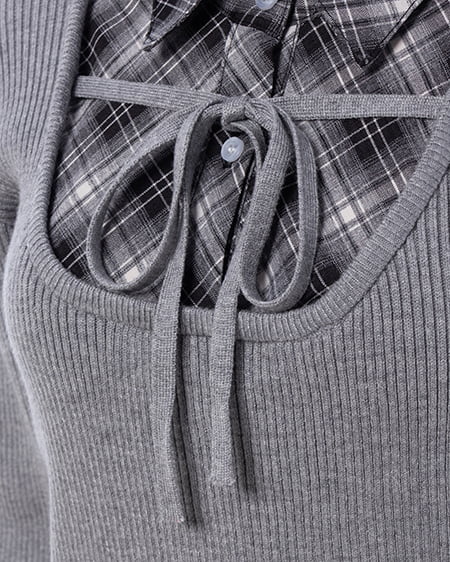 INGNI（イング） チェックシャツドッキングフロントリボンニット ｸﾞﾚｰ/ｸﾛ