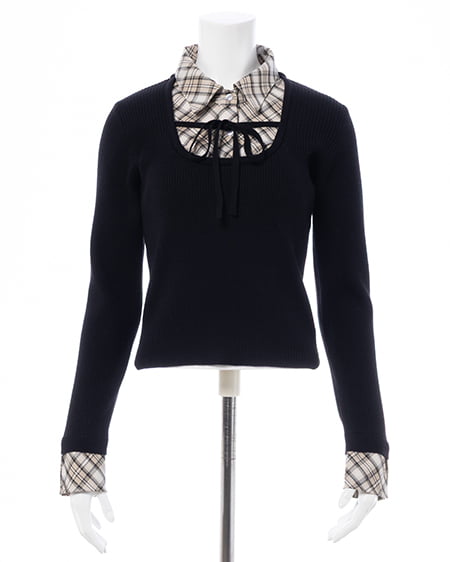 INGNI（イング） チェックシャツドッキングフロントリボンニット ｸﾛ/ﾍﾞｰｼﾞｭ