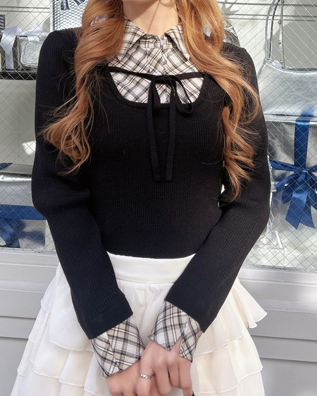 チェックシャツドッキングフロントリボンニット