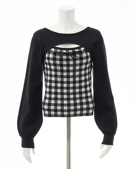 INGNI（イング） ボレロレイヤード風リボンギンガムチェックニット ｵﾌｸﾛ/ﾁｪｯｸ