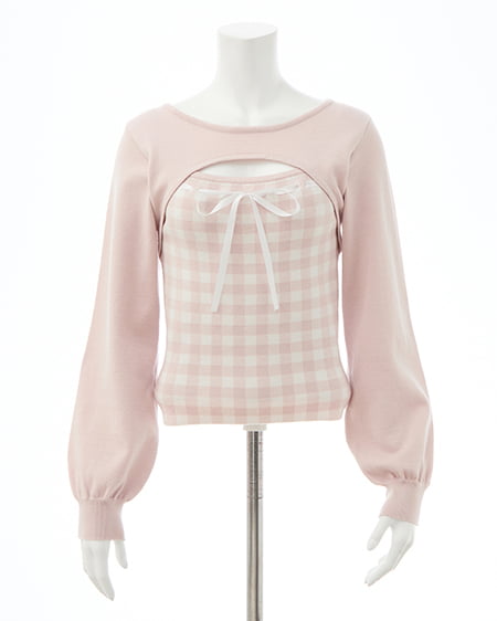 INGNI（イング） ボレロレイヤード風リボンギンガムチェックニット ｵﾌﾋﾟﾝｸ/ﾁｪｯｸ