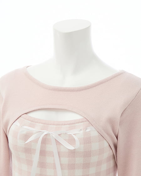 INGNI（イング） ボレロレイヤード風リボンギンガムチェックニット ｵﾌﾋﾟﾝｸ/ﾁｪｯｸ