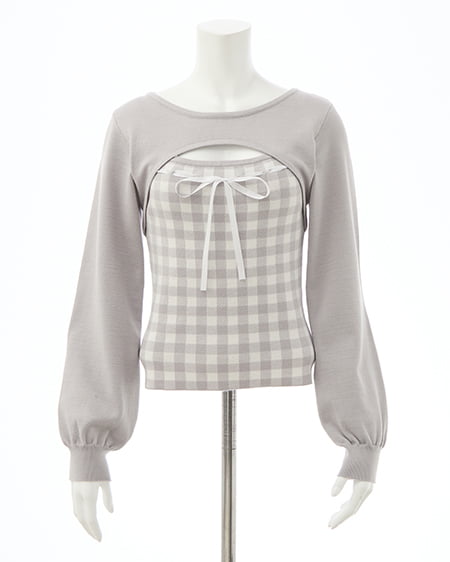 INGNI（イング） ボレロレイヤード風リボンギンガムチェックニット ｵﾌﾗｲﾄｸﾞﾚｰ/ﾁｪｯｸ