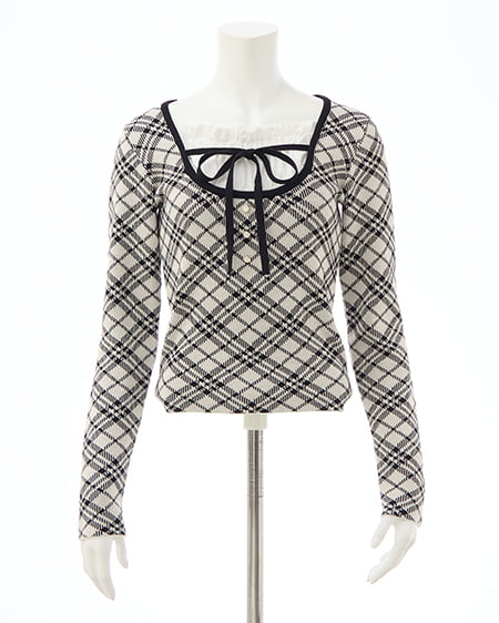 INGNI（イング） フロントフリルドッキングチェック柄ニット ｱｲﾎﾞﾘｰ/ｸﾛ