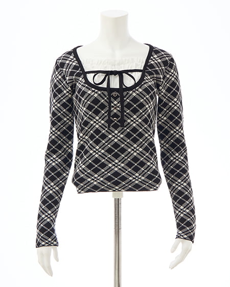 INGNI（イング） フロントフリルドッキングチェック柄ニット ｸﾛ/ｱｲﾎﾞﾘｰ
