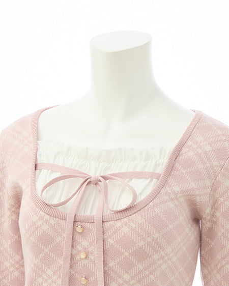 INGNI（イング） フロントフリルドッキングチェック柄ニット ﾋﾟﾝｸ/ｵﾌﾎﾜｲﾄ