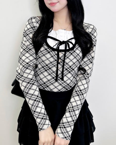 フロントフリルドッキングチェック柄ニット