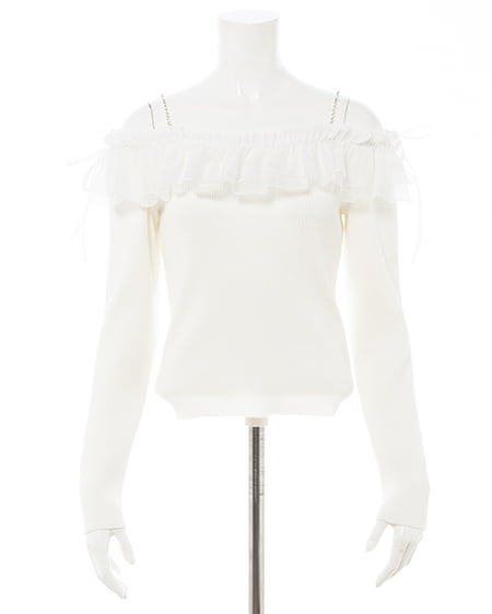 INGNI（イング） ラインストーンチェーンオフショルフリルニット ｵﾌﾎﾜｲﾄ/ｵﾌﾎﾜｲﾄ