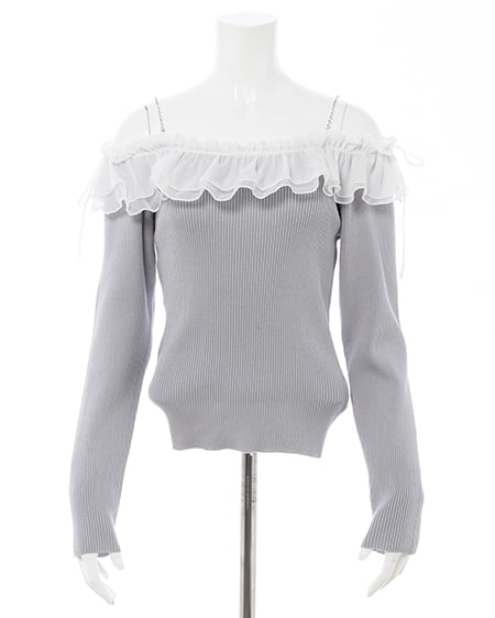 INGNI（イング） ラインストーンチェーンオフショルフリルニット ｸﾞﾚｰ/ｵﾌﾎﾜｲﾄ